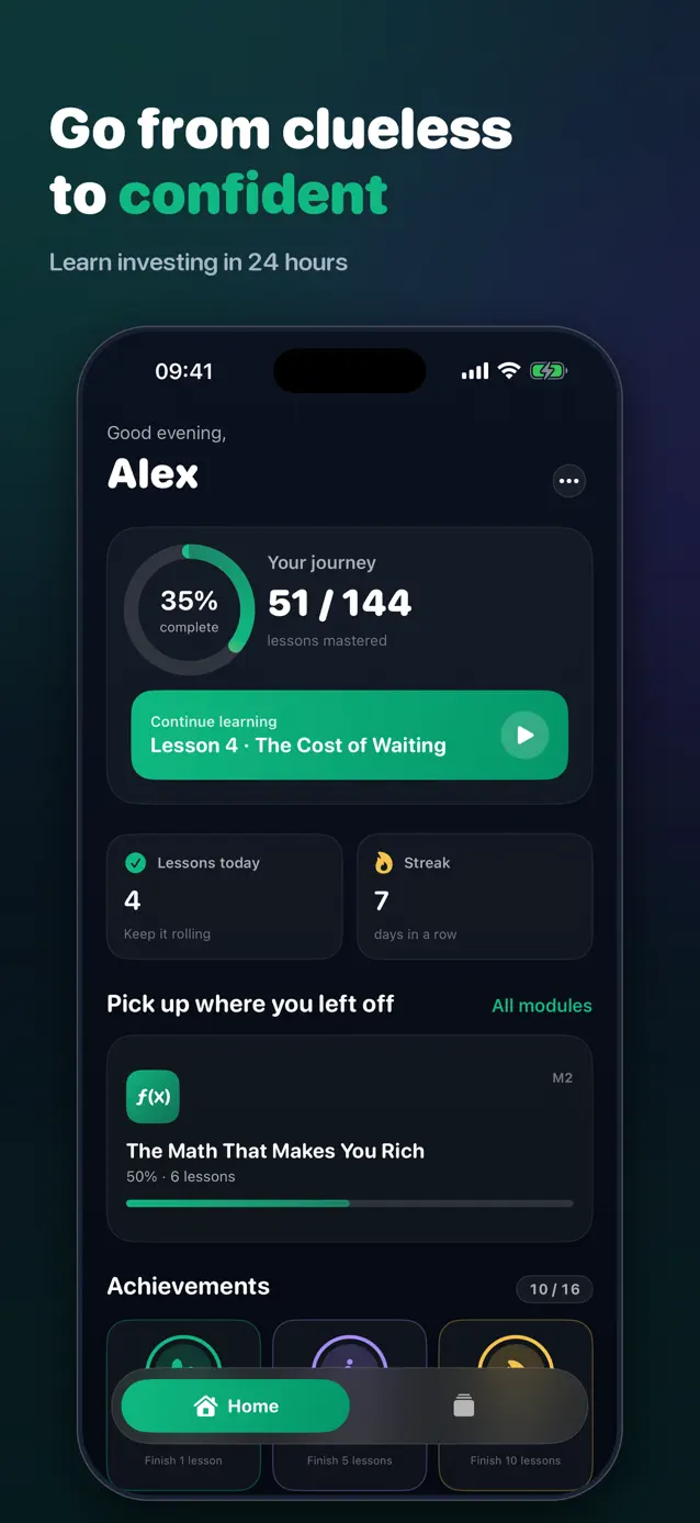 InvestFast lesson screen — go from beginner to confident investor