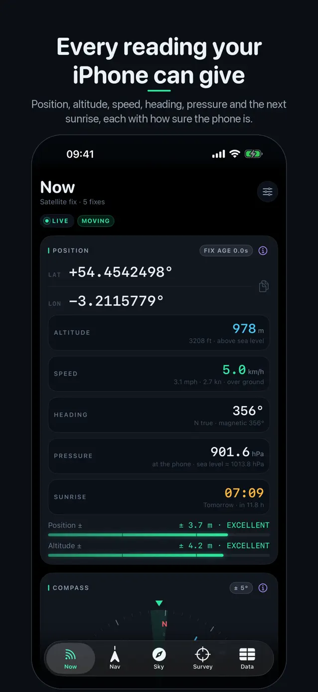 The SatData Now tab — latitude and longitude, altitude, speed, heading, air pressure and the next sunrise, each with its accuracy