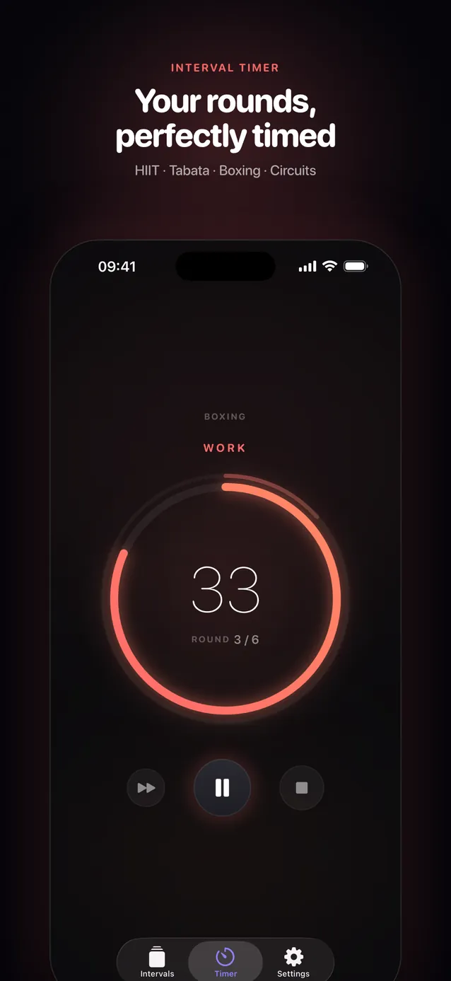Surge interval timer running a timed round with a progress ring